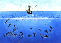 Illustration of a fishing boat towing lures through the water, with fish swimming below the surface.