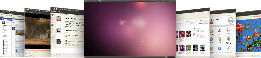 A row of Ubuntu 10.04 desktop screenshots — social messaging, photos, music, the Software Centre, and the default purple desktop.