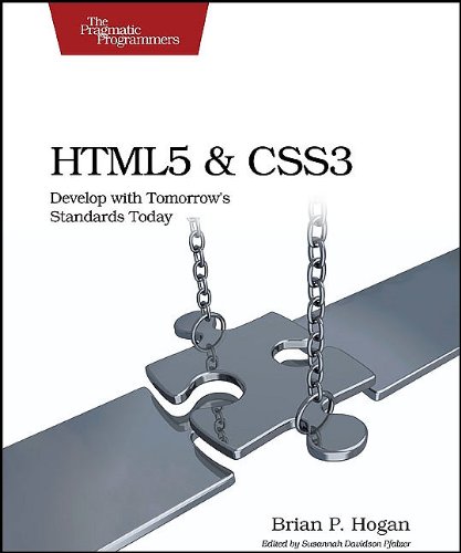 Cover of HTML5 & CSS3 by Brian P. Hogan (Pragmatic Programmers), showing two metal puzzle pieces joined by chains.