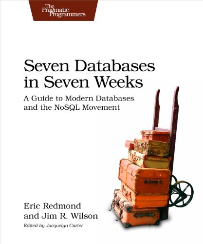 Cover of Seven Databases in Seven Weeks (Pragmatic Programmers), showing a stack of vintage suitcases on a hand truck.