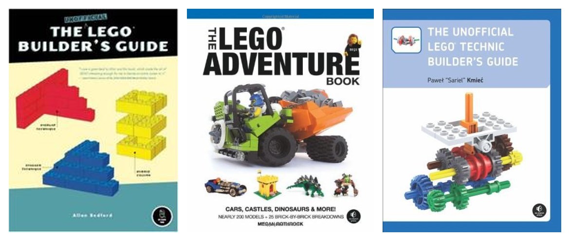 Covers of the three reviewed LEGO books: The Unofficial LEGO Builder's Guide, The LEGO Adventure Book, and The Unofficial LEGO Technic Builder's Guide.