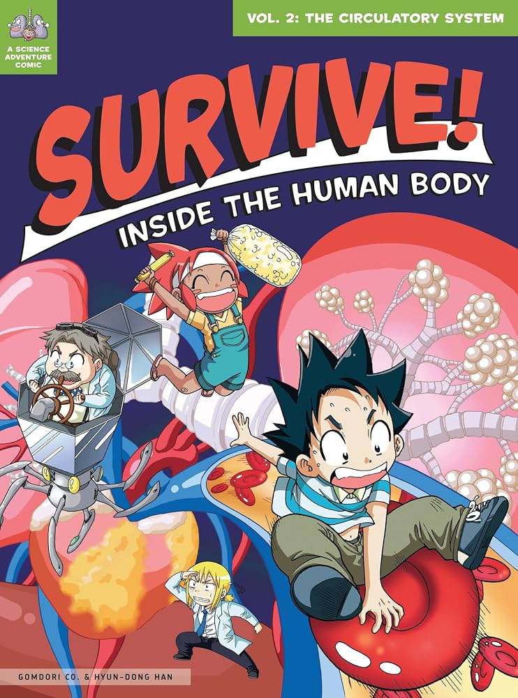 Cover of Survive! Inside the Human Body, Volume 2: The Circulatory System, by Gomdori Co. and Hyun-Dong Han (No Starch), manga characters riding through the blood vessels.
