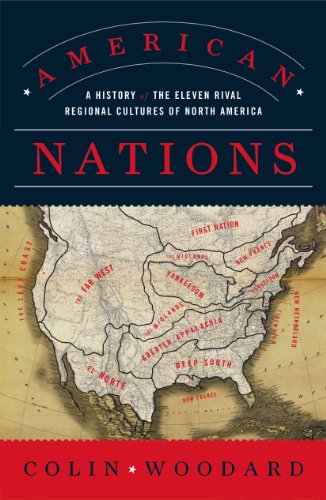 Cover of American Nations by Colin Woodard, set over a map of North America's regional cultures.